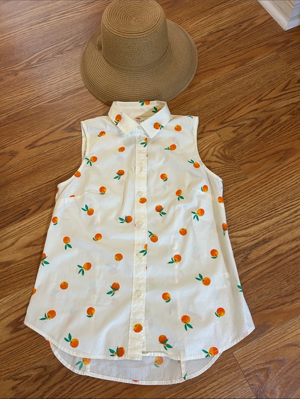 J. Crew Sleeveless White Button-Down with Orange Fruit Print